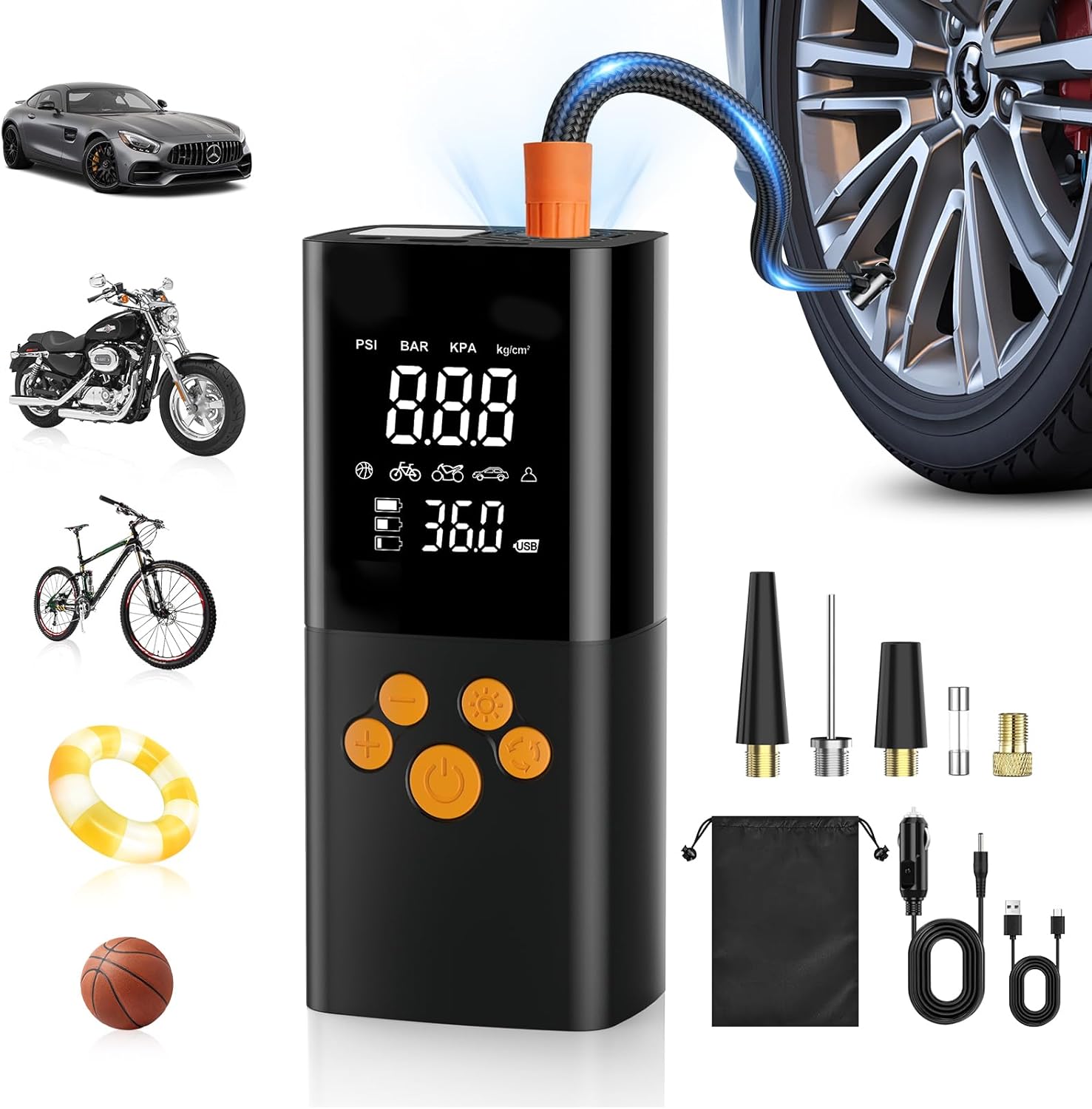 Elektrische Luftpumpe, 180PSI Akku Kompressor für Autoreifen mit 25000mAh Akku, EIN-klick-Smart-Aku Fahrradpumpe für Auto, Motorrad, Fahrrad und mehr mit Reifendruckmesser