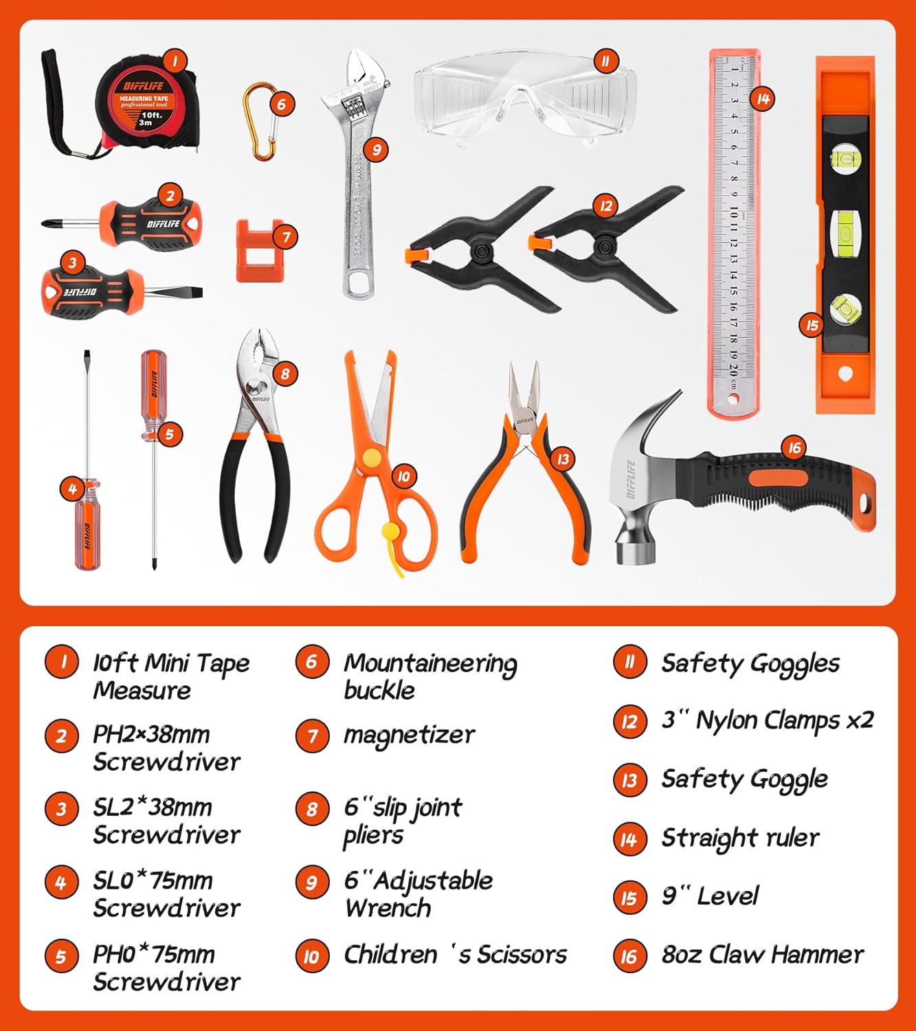 18 Stück Handwerkzeug Set Kinder Echt, Werkzeug Kit mit Aufbewahrungstasche für Jungen, Mädchen, Kinder DIY Bauen und Holzbearbeitung, Alter 8+ Werkzeugset-18 Stück – Bild 2