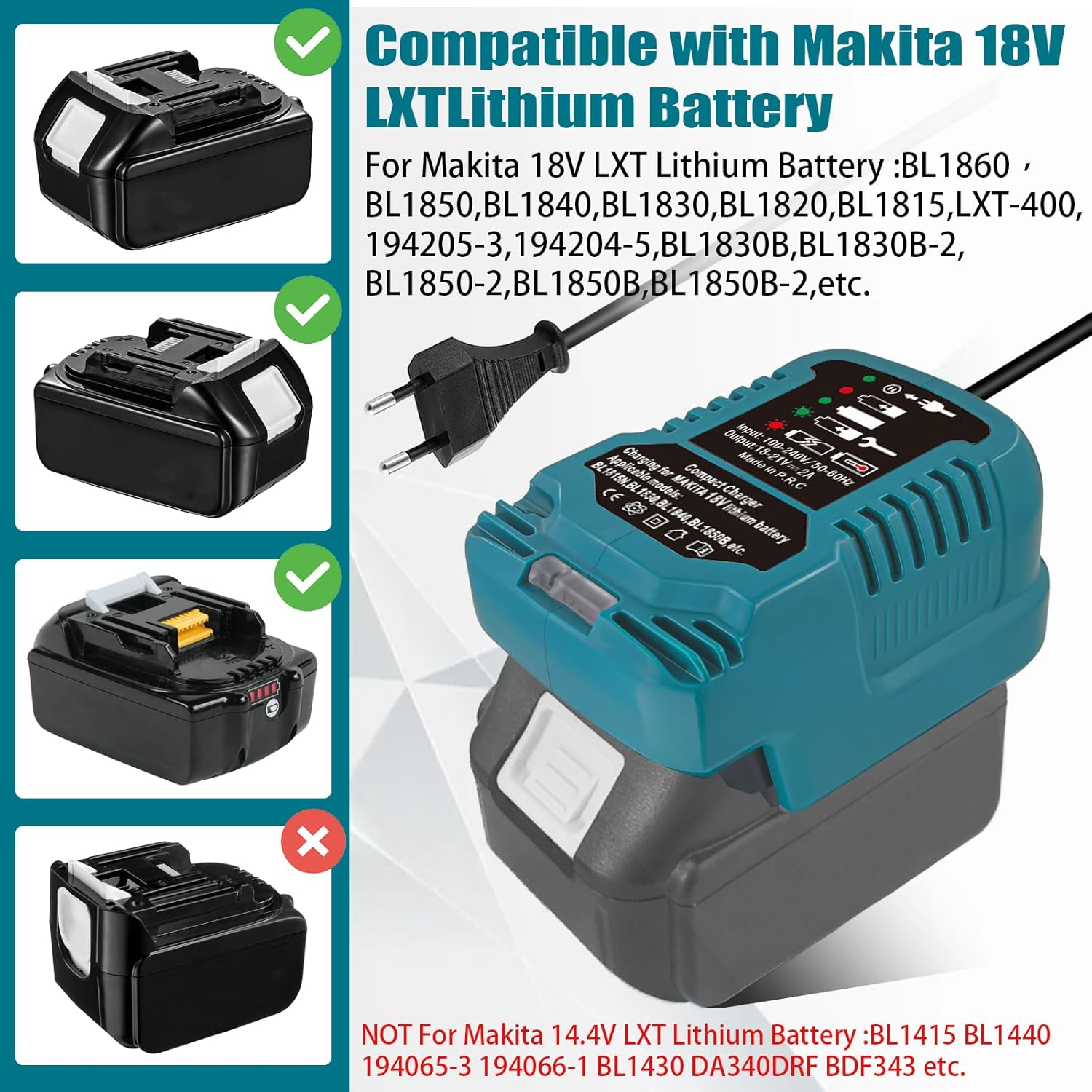 220V für Makita 18V-Akkuladegerät, Mini Ladegerät Ersatz für Makita 18Volt Batterie BL1815 BL1820 BL1830 BL1840 BL1850 (Keine Batterie) – Bild 2
