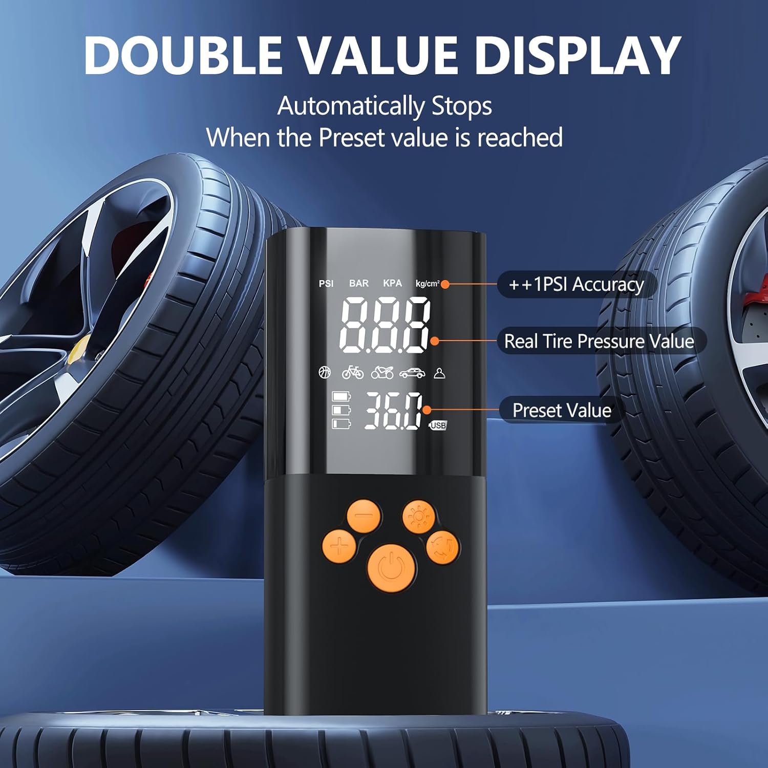 Elektrische Luftpumpe, 180PSI Akku Kompressor für Autoreifen mit 25000mAh Akku, EIN-klick-Smart-Aku Fahrradpumpe für Auto, Motorrad, Fahrrad und mehr mit Reifendruckmesser – Bild 4