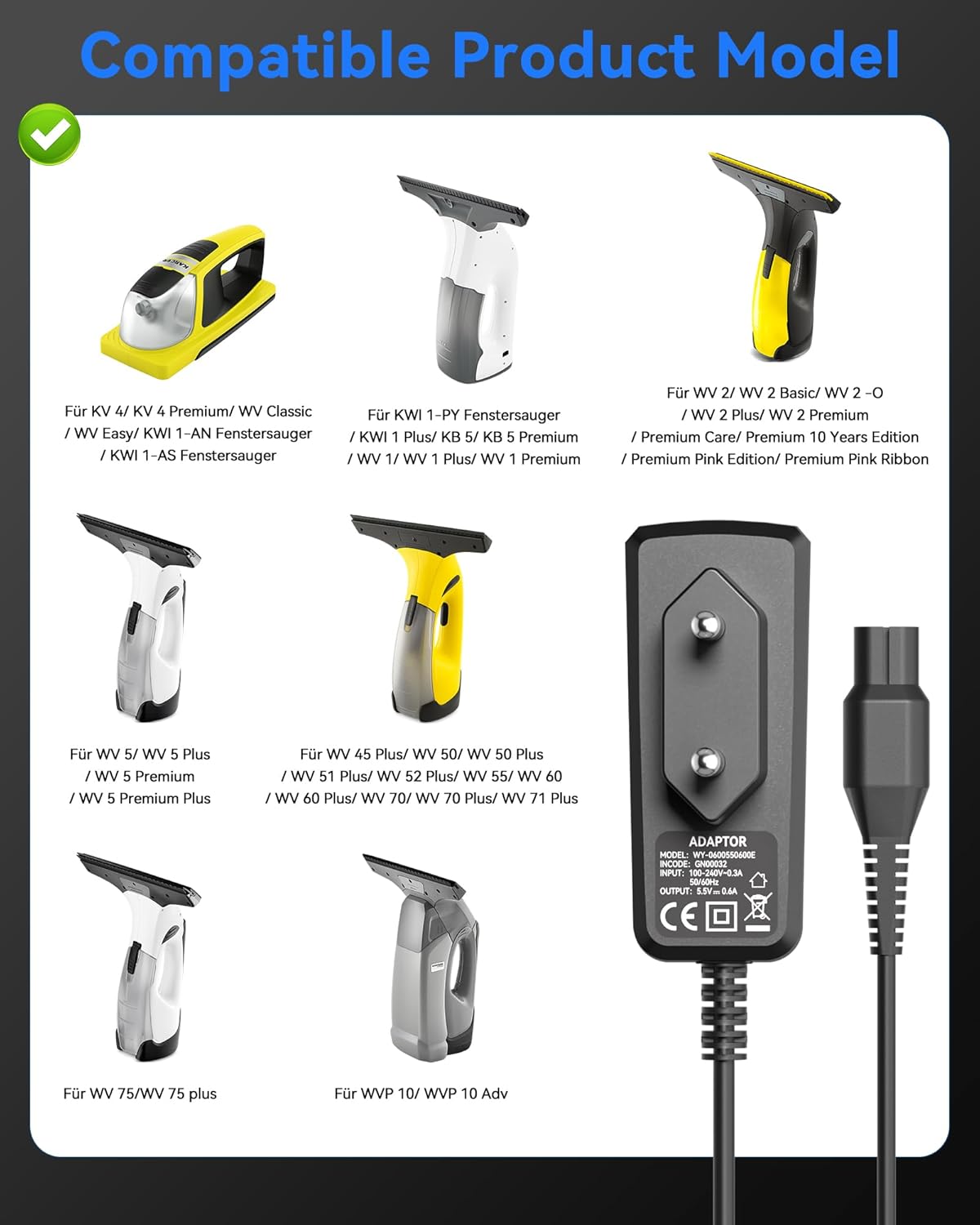 Ladegerät Passend 5,5V für Kärcher Fenstersauger WV5, WV2, KWI 1, WV1, KV4, WV2 Plus, WV45, WV51, WV52, WV55, WV70, WV5 Premium, WV5 Plus, WV Classic Kärcher-Fenstersauger Ladegerät Passend – Bild 2