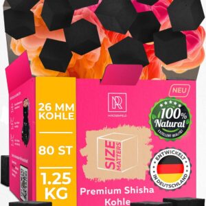 Shisha Kohle 1,25 KG 80 Würfel 26mm - 100% Organic Bio Naturkohle |ohne chemische Zusätze| Für Shisha & BBQ - Mit Kohle Grill und Shisha Zubehör wie HMD Smokebox & Kaminaufsatz Shishakohle Coal