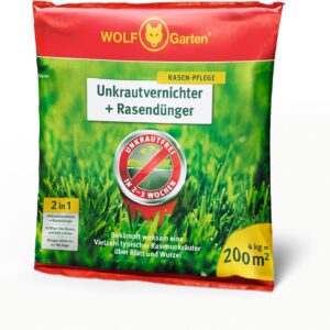WOLF-Garten 2-in-1: Unkrautvernichter + Rasendünger SQ 200 (Rasendünger und Unkrautvernichter, wirkt über Blätter und Wurzeln, Wirkung bis zu 100 Tagen, ausreichend bis 200 m2) 3840725