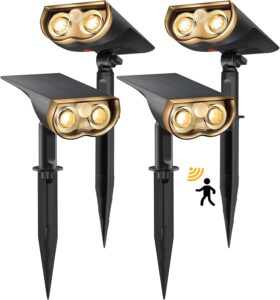 Linkind Solar Außenlampe mit Bewegungsmelder, 3000K Warmweiß, 3 Modi (inkl. Dauerlicht), 1000Lm wegeleuchte von 2 Installation, StarRay IP67 Solar LED Strahler Garten für Carport, 4 Stück