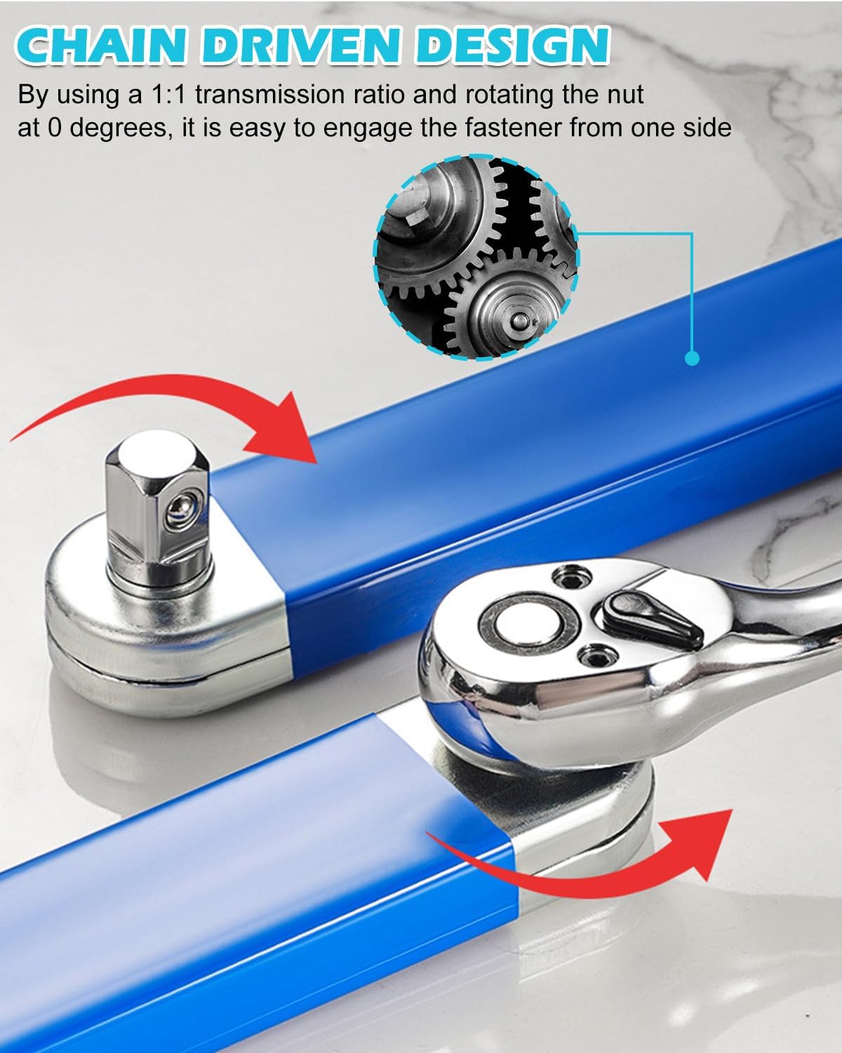 Offset-Verlängerungsschlüssel, 38,1 cm, Nullgrad-Ratschenschlüssel-Verlängerung, Steckschlüssel-Werkzeug mit Vierkantantriebs-Adaptern (1/2 Zoll, 1/4 Zoll, 3/8 Zoll), Universal-Verlängerungsschlüssel – Bild 4