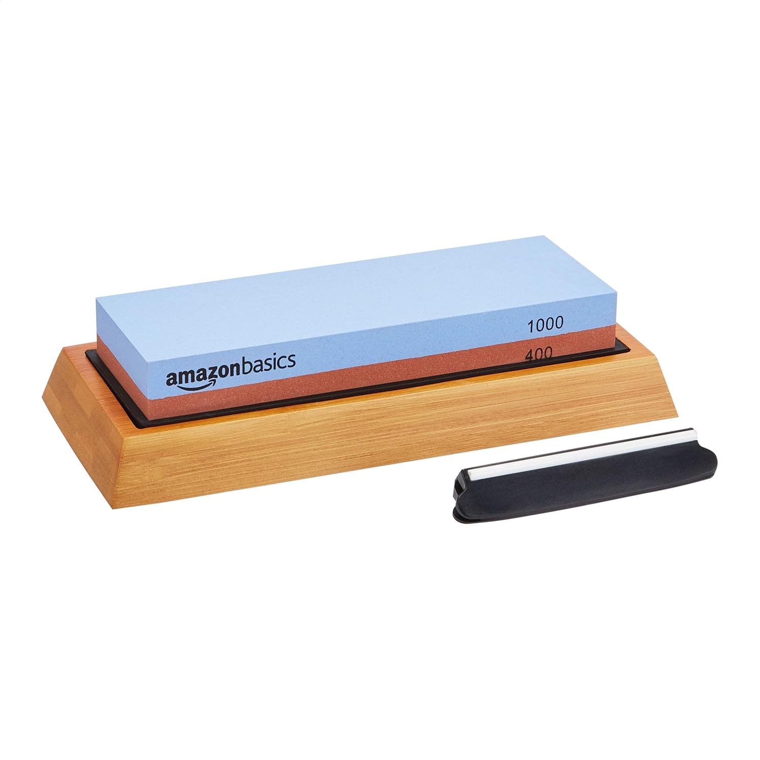 Amazon Basics Messerschärfstein, doppelseitig, Körnung 400/1000, mit rutschfester Bambusunterseite, 18 x 6.1 x 2.8 cm, Blau und Rot