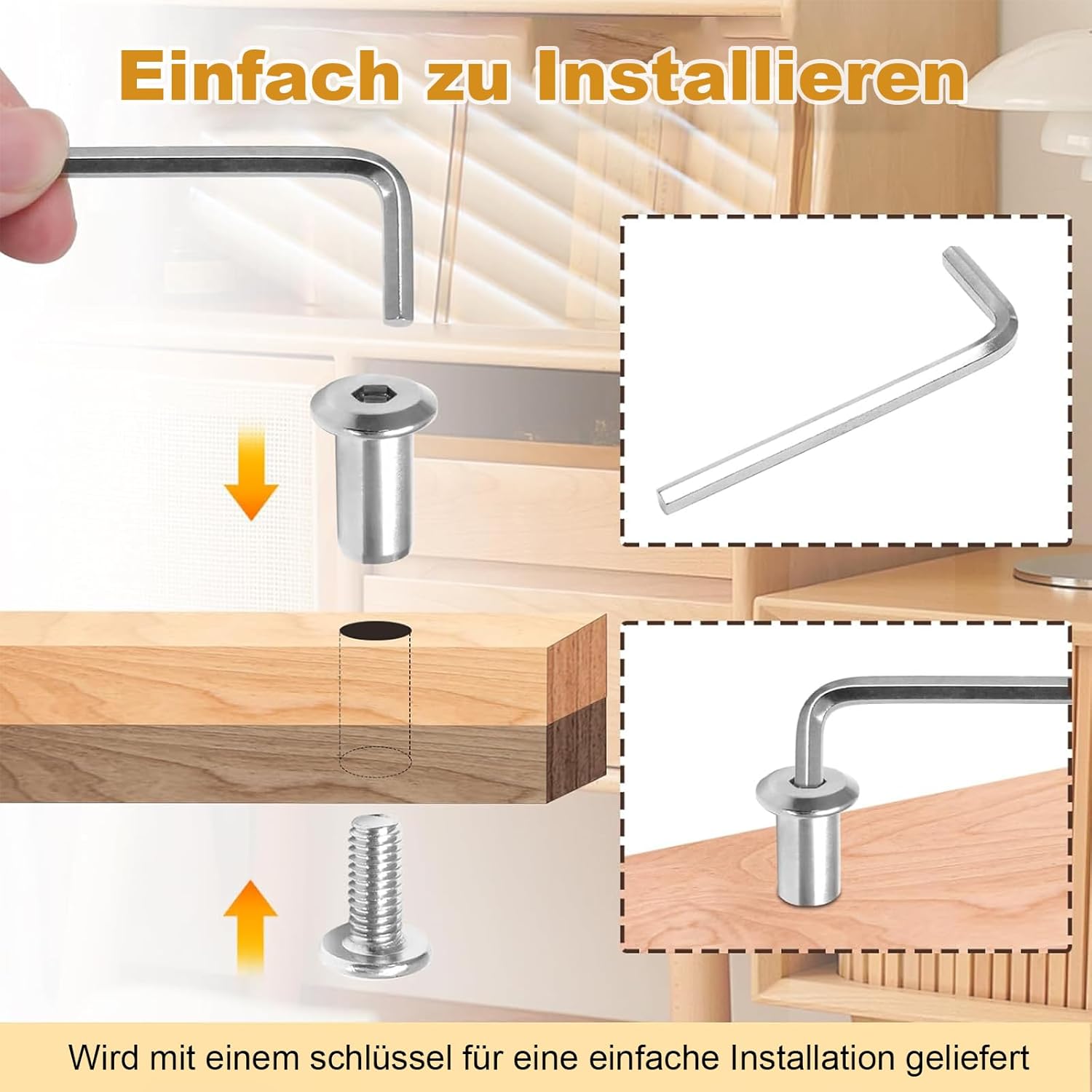 20 Stück Verbindungsschrauben M5 x 8mm, Hülsenschrauben, Möbelschrauben, Möbelverbinder Schrankverbinder für Möbeln, Schränken (20 x Möbelschrauben, 20 x Hülsenmutter, 1 x Innensechskantschlüssel) – Bild 4