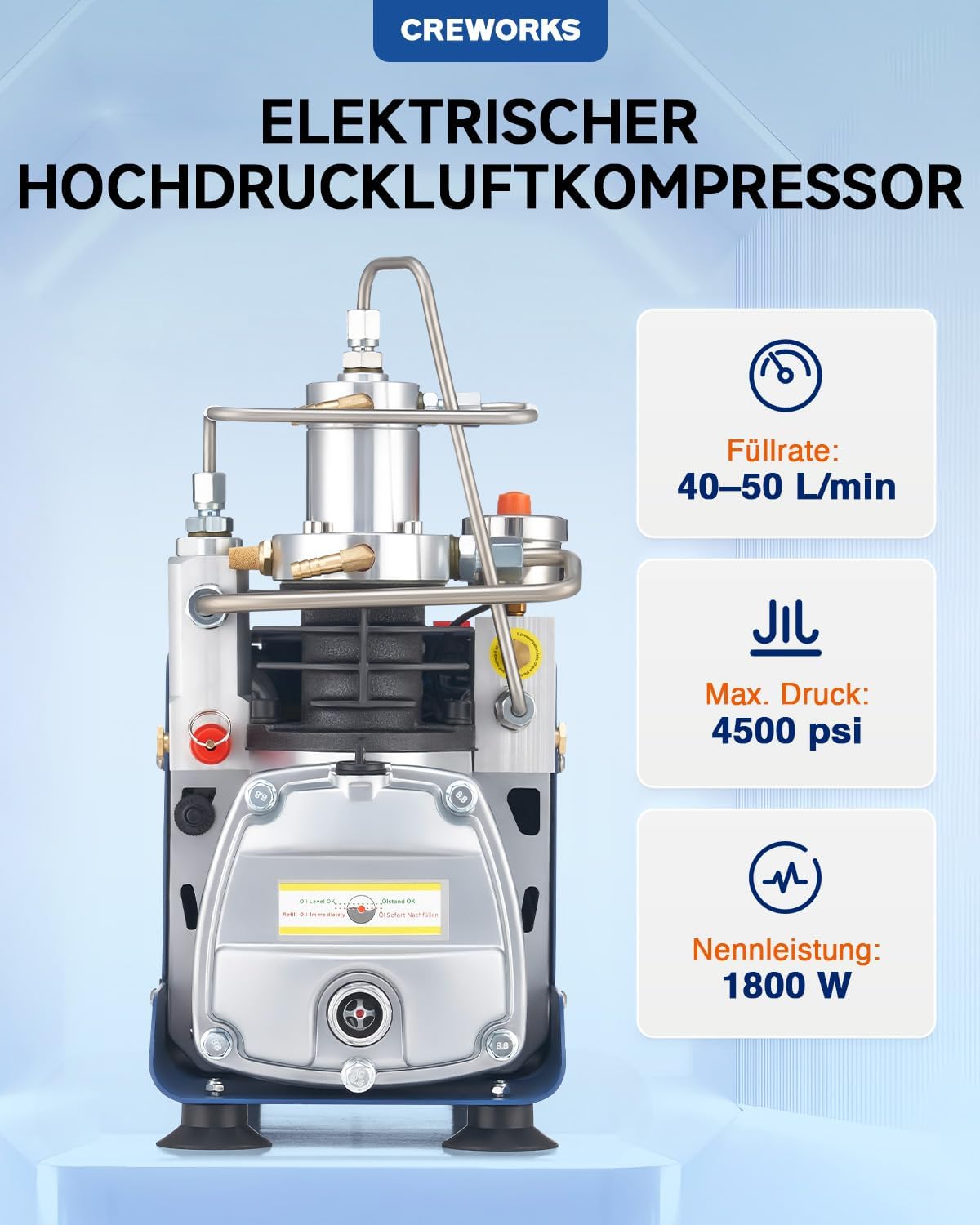 CREWORKS PCP Kompressor 300bar Automatisch Luftkompressor-Pumpe 4500PSI Hochdruckluftpumpe 1800W Kompressorpumpe Auto-Stop Kompressor 30MPA Hochdruck PCP Inflator für die Aufblasflasche – Bild 2