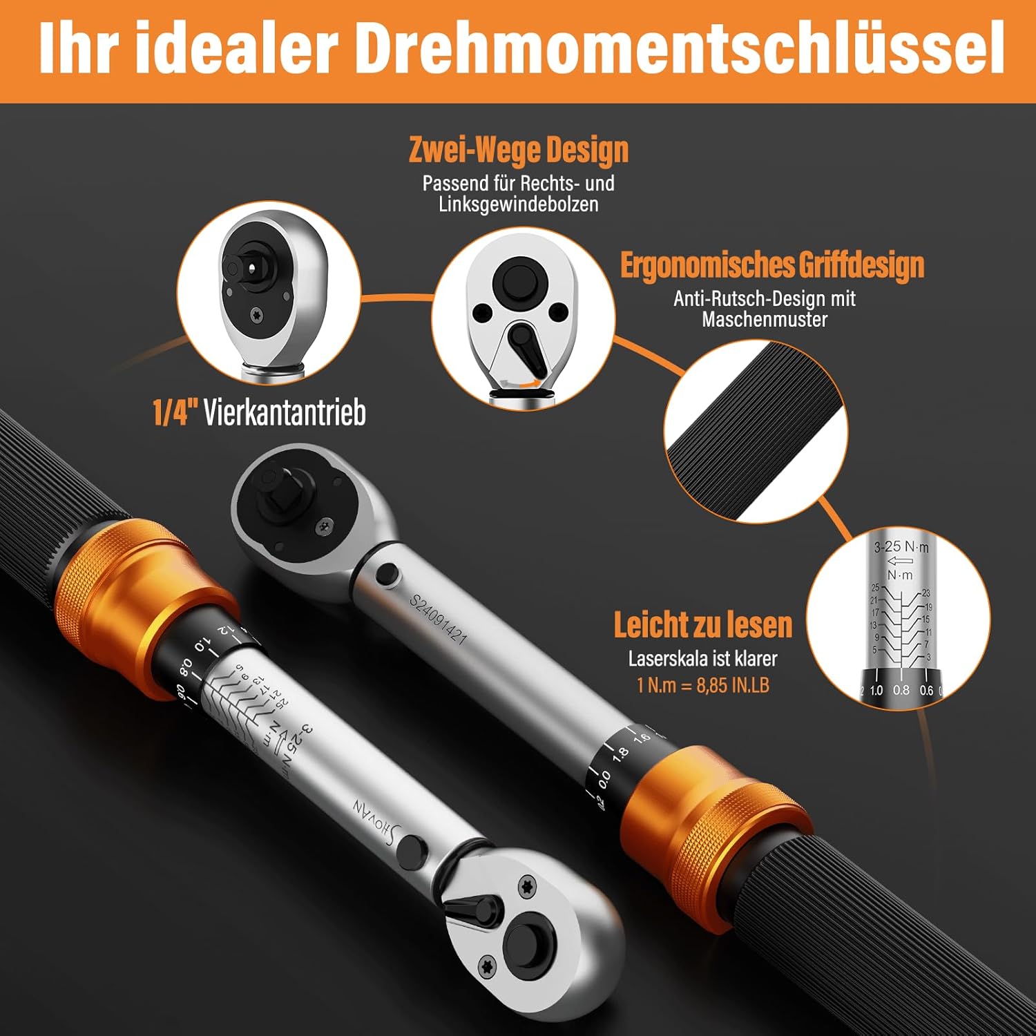 13TLG Klein Drehmomentschlüssel Fahrrad 3-25NM, 1/4 Zoll Torque Wrench Set, 72 Zähne Umschaltknarre, Ratschenkasten inklusive mit Verlängerungsstange 10 cm, Innensechskant und Torx Bit Buchse – Bild 5