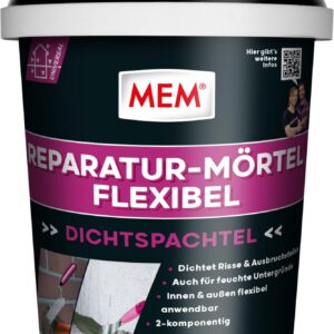 MEM Reparaturmörtel Flexibel, Zweikomponentiger Spezialmörtel für Risse, Ausbruchstellen & Betonreparaturen, Innen & Außen, Hochflexibel, Frostbeständig, Grau, 1 kg Eimer