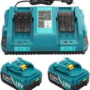 DC18RD Ladegeräte und 2 Stücke 5.5Ah Ersatzakkus für Makita 18V Akkus, Kompatibel mit BL1815 BL1830 BL1840 BL1850 BL1860 BL1890 BL1415 BL1430 BL1440