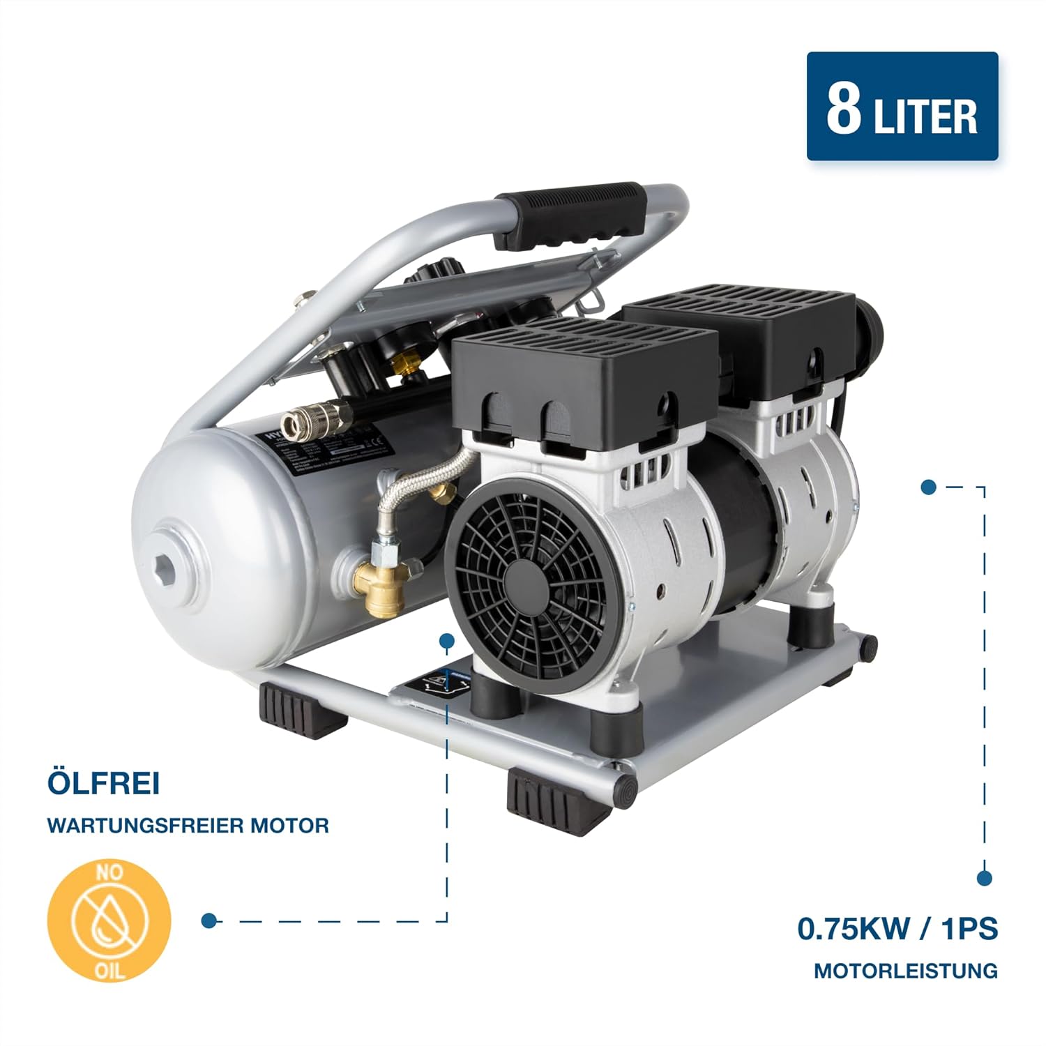 HYUNDAI Silent Kompressor SAC75008IC | 8L Kessel innen beschichtet | 0.75kW, 9bar | Ansaugleistung 128 L/Min | Luftkompressor leise, ölfrei | 2 Anschlüsse | Flüsterkompressor, Compressor flüsterleise – Bild 3