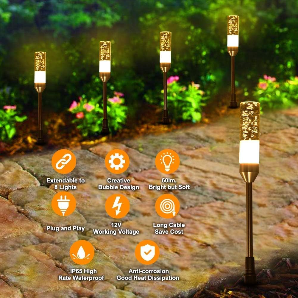 ECOWHO 6er Set Warmweiß LED Gartenleuchtung mit Erdspieß IP65 Wasserdicht Gartenstrahler mit Strom, Erweiterbar Gartenleuchte mit Kabel, Gartenlampe außen für Outdoor Garten Rasen Hof – Bild 4