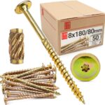 Tellerkopfschrauben 8x180 | 50 Stück | TX40 Torx | Tellerkopf mit Fräsrippen | Gelb Verzinkt | Holzschrauben | Terrassenschrauben | Spanplattenschrauben | Selbstschneidende Schrauben