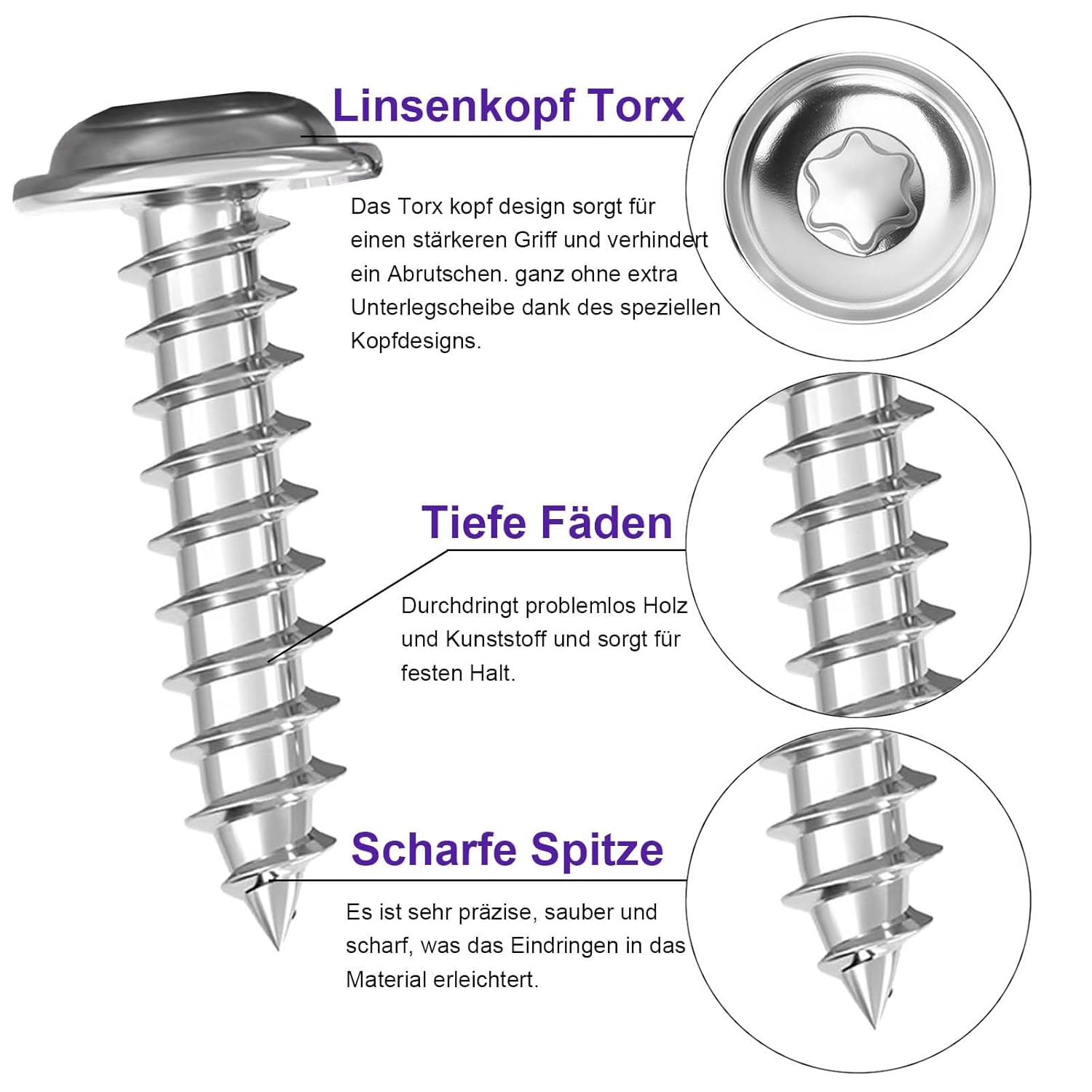 Dayalo 30 Stück Blechschrauben Torx M4 x 16mm, Blechschrauben Edelstahl A2 V2A, Linsenkopfschrauben Holz, Selbstschneidende Schrauben mit Scheibe, mit Schraubendreher Bit, Vollgewinde – Bild 3