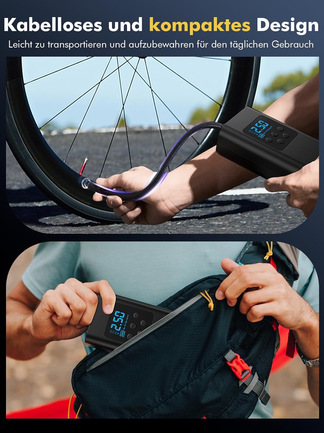 Elektrische Luftpumpe Akku – Leistungsstarker 45L/min Akku Kompressor für Auto, Fahrrad & Motorrad, Fahrradpumpe Elektrisch mit LED Licht, 6000mAh, 4 Modi für Reifen, Bälle & mehr – Bild 5