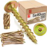 Tellerkopfschrauben 5x40 mm | 200 Stück | TX25 |Tellerkopf/Fräsrippen | Gelb Verzinkt | Torx Schrauben | Holzschrauben | Flachkopfschrauben Holz | Konstruktionsschrauben |