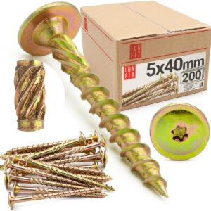 Tellerkopfschrauben 5x40 mm | 200 Stück | TX25 |Tellerkopf/Fräsrippen | Gelb Verzinkt | Torx Schrauben | Holzschrauben | Flachkopfschrauben Holz | Konstruktionsschrauben |