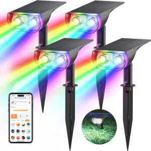 Linkind Intelligenter Bunt Solarstrahler für Außen Garten, 16Mio. Farbe RGBW Gartenleuchte mit Bewegungsmelder, Gruppensteuerbar, Musiksync, Rotlichtalarm, IP65 RGBTW Smart Solar Baumstrahler, 4 Stück