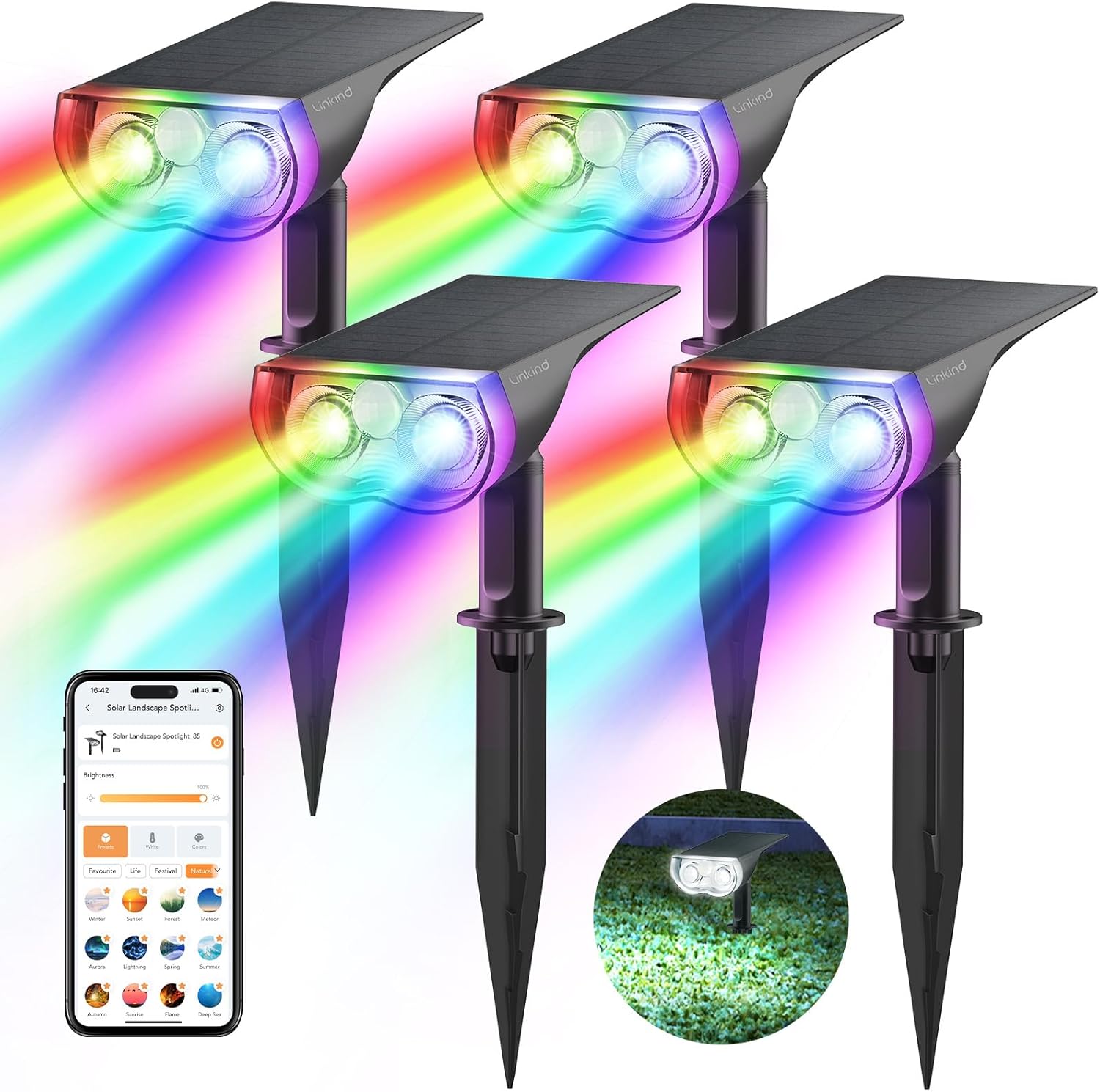 Linkind Intelligenter Bunt Solarstrahler für Außen Garten, 16Mio. Farbe RGBW Gartenleuchte mit Bewegungsmelder, Gruppensteuerbar, Musiksync, Rotlichtalarm, IP65 RGBTW Smart Solar Baumstrahler, 4 Stück