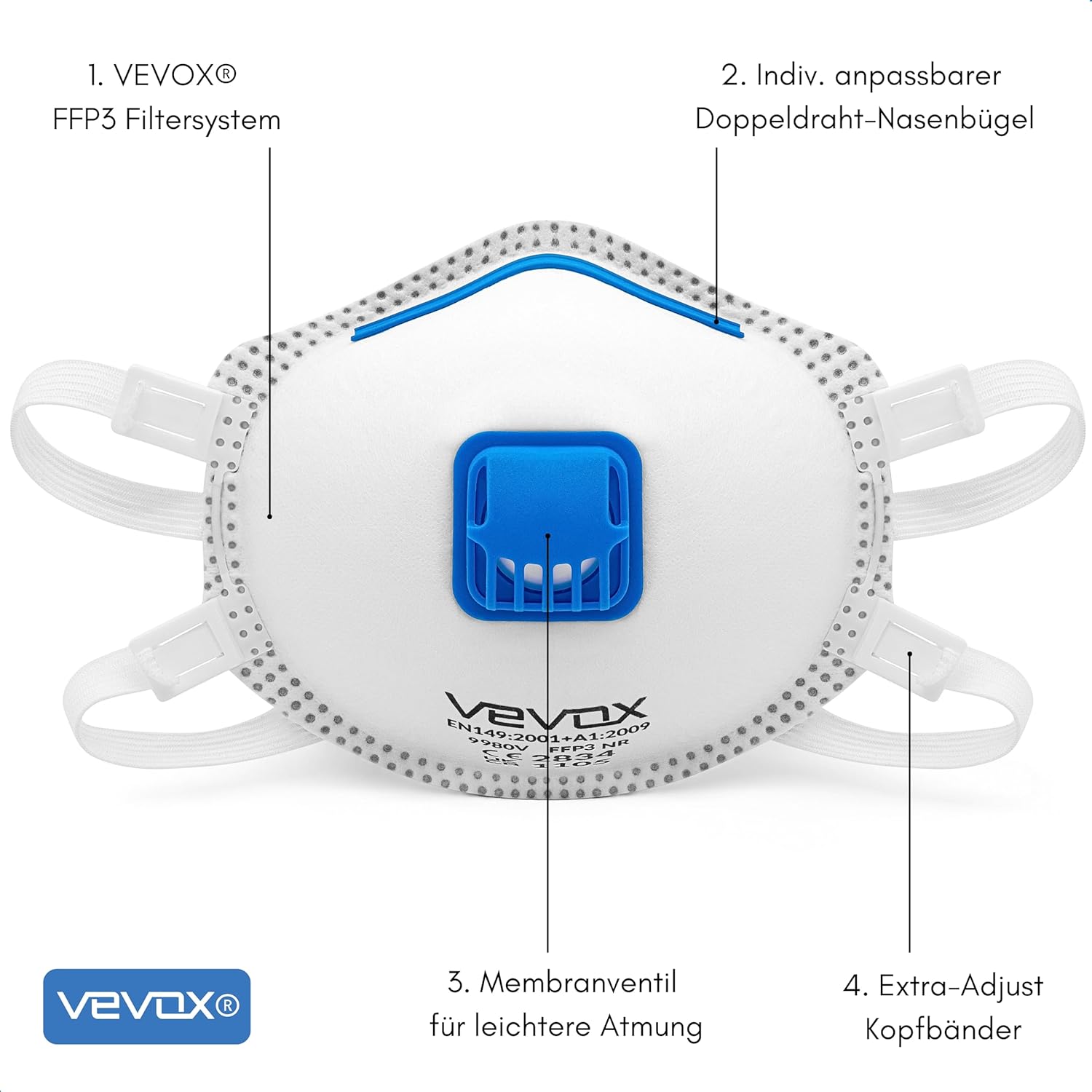 FFP3 Maske mit Ventil – 5er, 10er oder 20er Set – Staubmaske – Atemschutzmaske – Staubschutzmaske – Feinstaubmaske – Atemschutz z.B. gegen Feinstaub, Schimmel oder Asbest – Bild 2