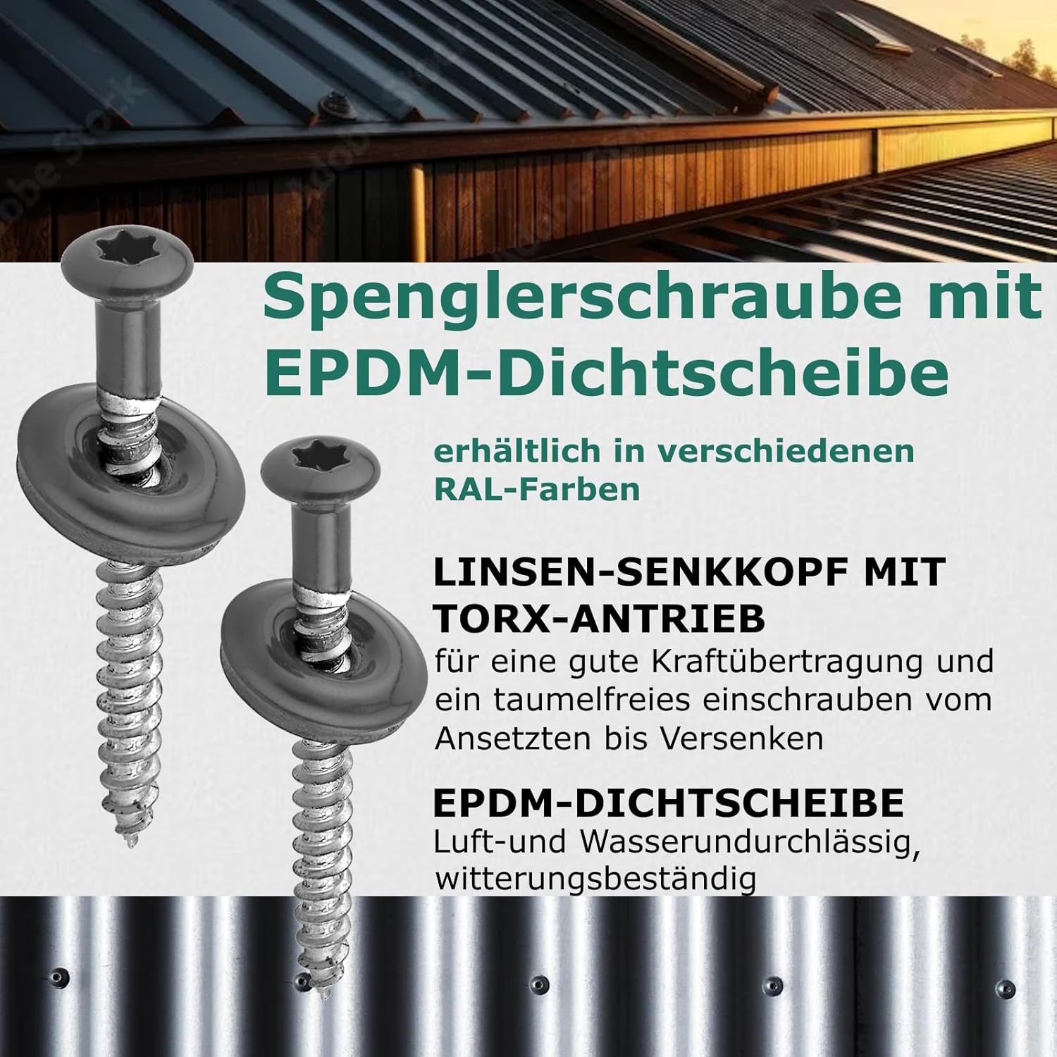 DSM | Spenglerschrauben Anthrazit 4,5 x 25 mm | Edelstahl A2 – lackiert RAL 7016 | mit EPDM-Dichtscheibe (15 mm) | TX-Antrieb | ähnl. DIN 7995 / DIN 9171 | Trapezblechschraube | 25 Stück – Bild 2