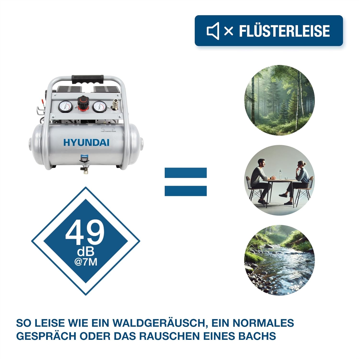 HYUNDAI Silent Kompressor SAC75008IC | 8L Kessel innen beschichtet | 0.75kW, 9bar | Ansaugleistung 128 L/Min | Luftkompressor leise, ölfrei | 2 Anschlüsse | Flüsterkompressor, Compressor flüsterleise – Bild 5
