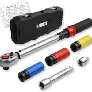 Drehmomentschlüssel Auto 1/2 Zoll, 40–210 Nm, TÜV Süd GS geprüft, 6-tlg. Drehmomentschlüssel Set mit 125 mm Verlängerung, 1/2"-3/8" Adapter & 3 Stecknüssen – Für Reifenwechsel & Motorrad