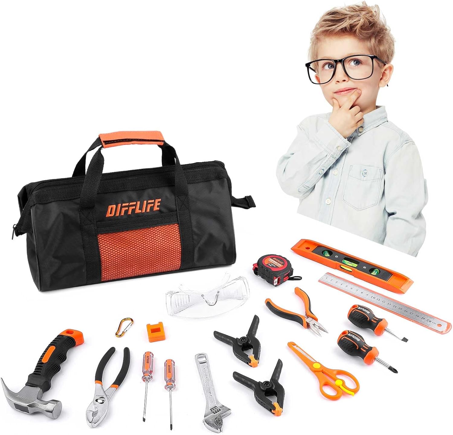 18 Stück Handwerkzeug Set Kinder Echt, Werkzeug Kit mit Aufbewahrungstasche für Jungen, Mädchen, Kinder DIY Bauen und Holzbearbeitung, Alter 8+ Werkzeugset-18 Stück
