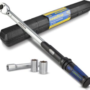 Goodyear Premium Drehmomentschlüssel, Einstellbar von 42 bis 210 Nm, Antrieb 1/2" Vierkant, inkl. Verlängerung und Stecknüsse 17 mm und 19 mm, Blau, Schwarz, Silber