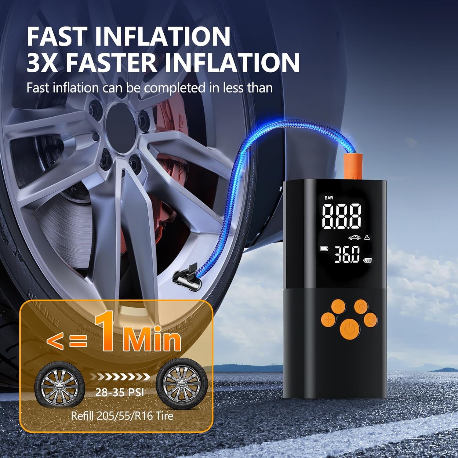 Elektrische Luftpumpe, 180PSI Akku Kompressor für Autoreifen mit 25000mAh Akku, EIN-klick-Smart-Aku Fahrradpumpe für Auto, Motorrad, Fahrrad und mehr mit Reifendruckmesser – Bild 2