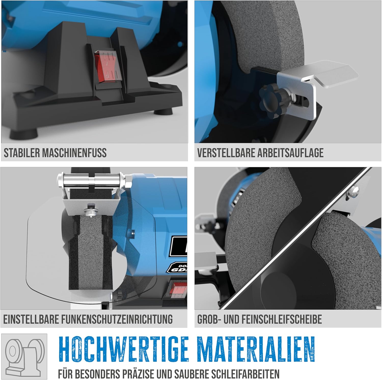 Güde Doppelschleifer GDS 150-15 (250 W, 2980 1/min Motordrehzahl, Grob- & Feinschleifscheibe 36|60 K, 150 mm ø, stabiler Maschinenfuß, kugelgelagerte Schleifachsen, verstellbare Arbeitsauflagen), Blau – Bild 3