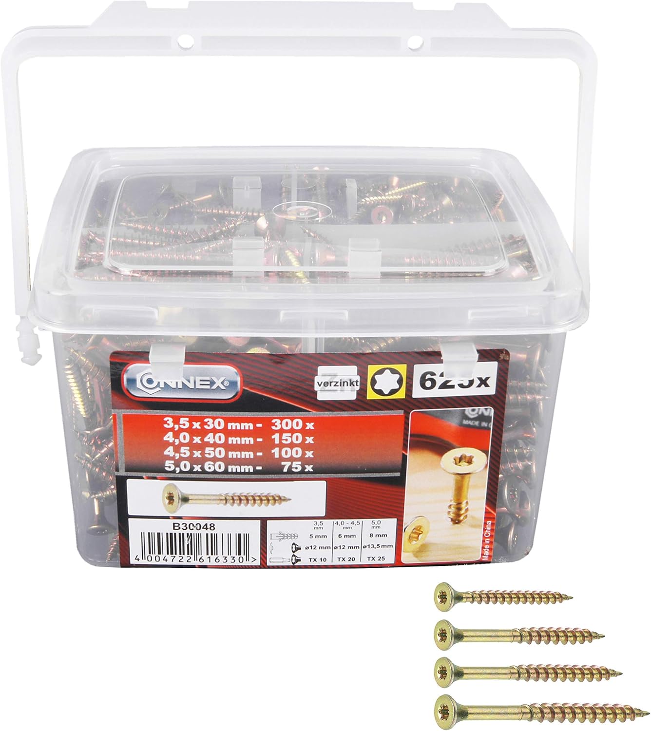 Connex Universalschrauben-Sortiment 625-teilig - Diverse Größen - Senkkopf - TX-Antrieb - Voll- & Teilgewinde - Gelb verzinkt / Schrauben-Set / Schrauben-Eimer / B30048 – Bild 5