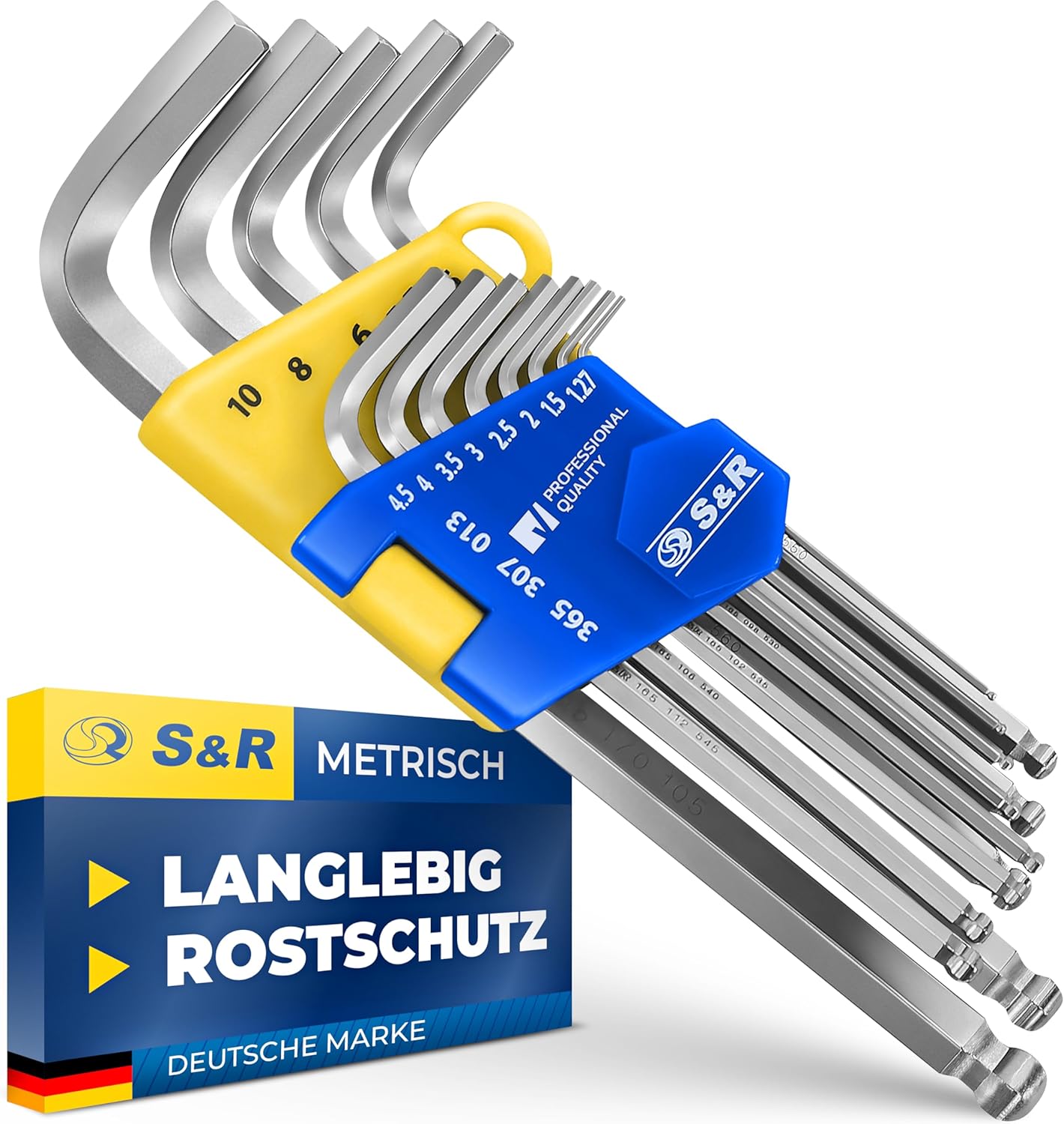 S&R Innensechskantschlüssel Satz HX, 13-tlg mit Kugelkopf, Innensechskant LANG, 1,27 bis 10 mm, Cr-V-Stahl gehärtet, Winkelschlüssel rostfrei, Sechskant Schlüssel-Set in stabilem Klapp-Halter