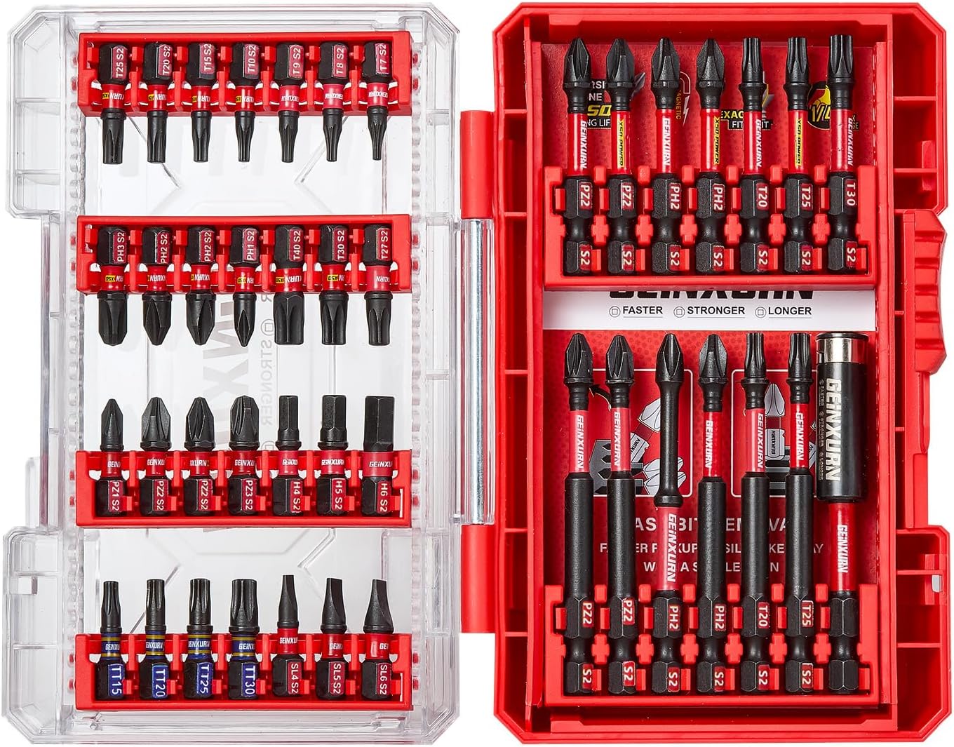 42-teiliger Schraubendreher-Bitsatz aus schlagfestem, S2-Stahl Magnetische Torx/Phillips/Pozidriv/Schlitz/Hex-Kopf Bit Set, 1/4 zoll Sechskantschaft, inkl. Bit-Halter mit Rot Aufbewahrungsbox