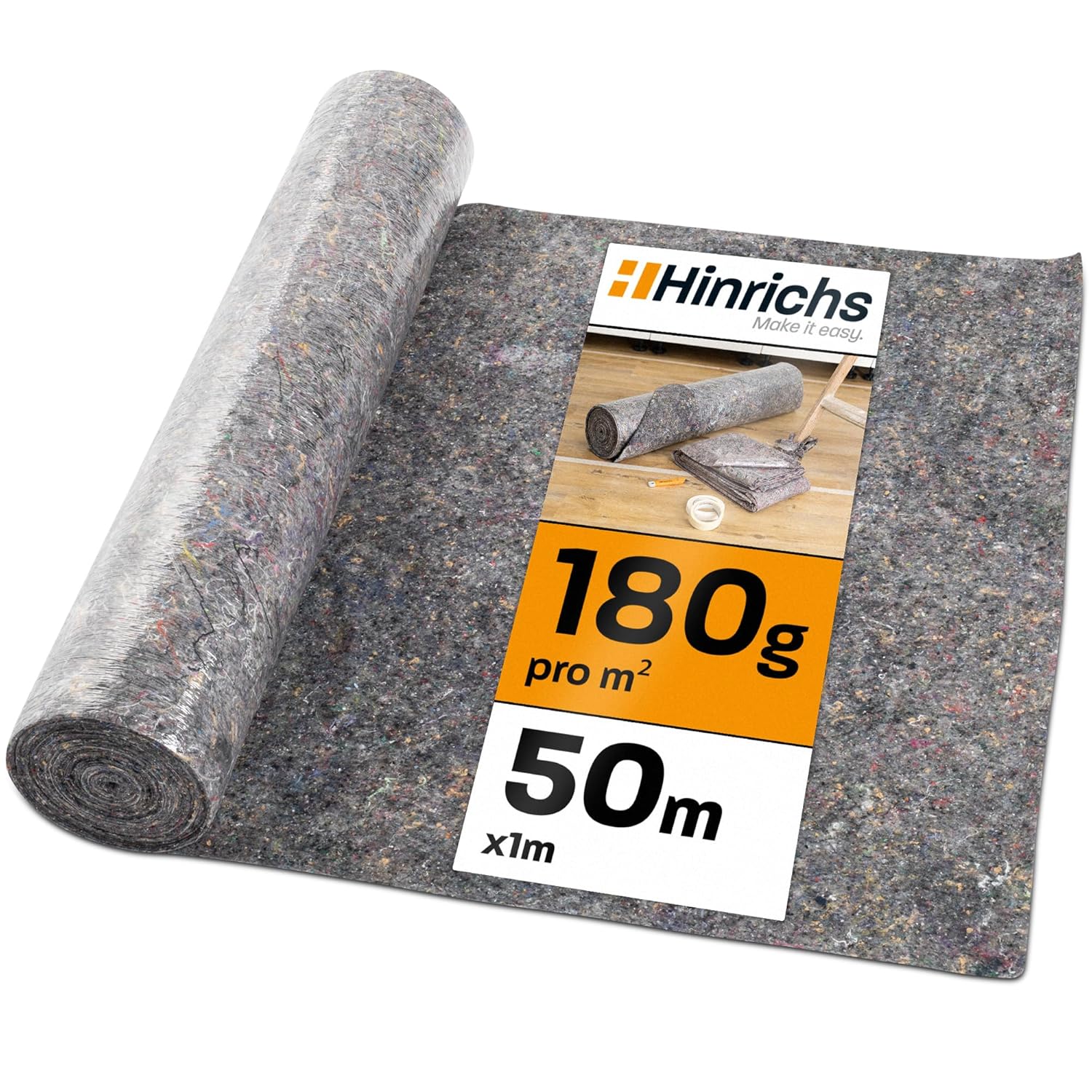 Hinrichs Malervlies 50m x 1m Rolle 180g/m² - Maler-Abdeckvlies mit Anti-Rutsch Beschichtung - Abdeckfliesse für Boden - Allzweckvlies als Schutz für Boden, Treppen & Möbel bei Renovierung & Umzug