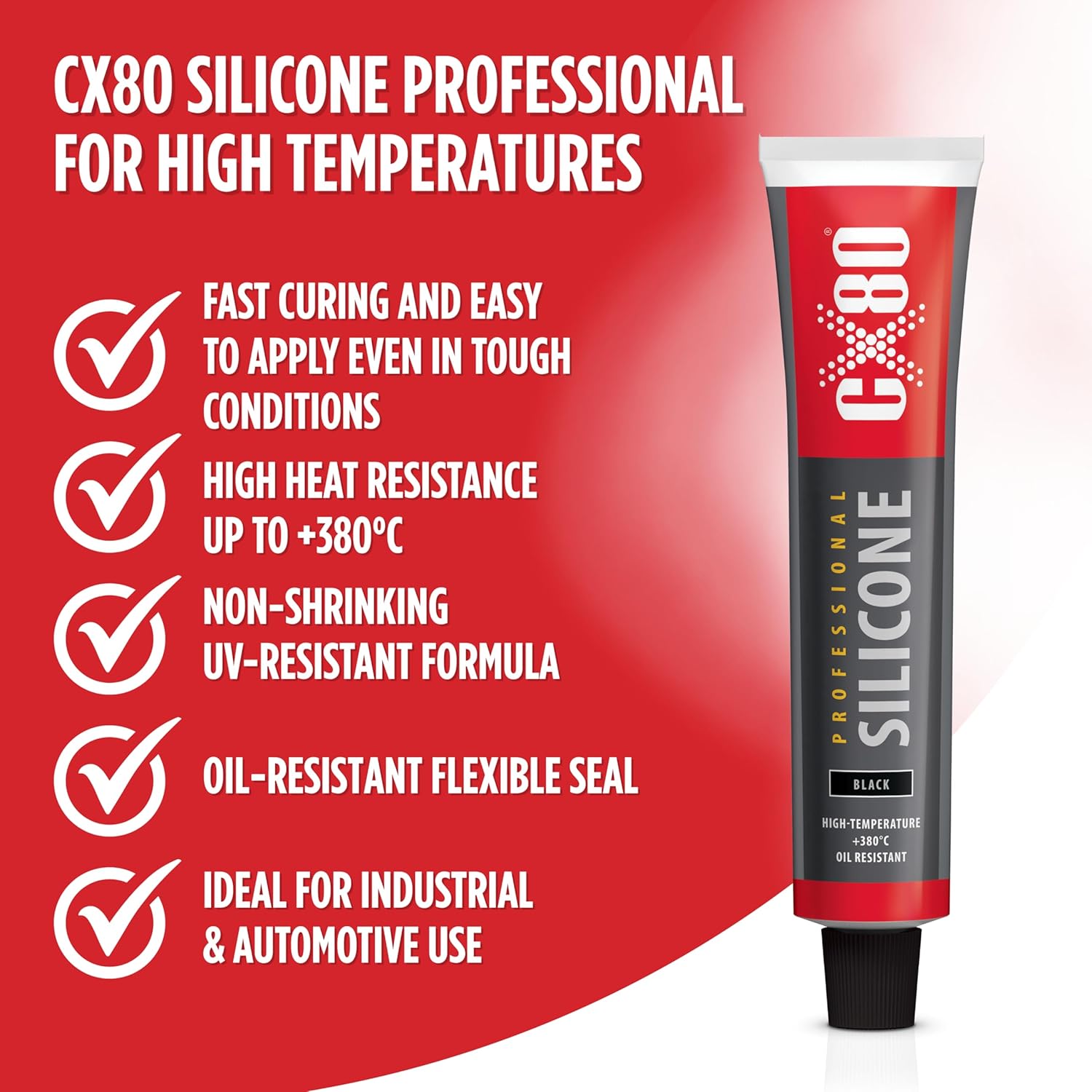 Hochtemperatur Silikon schwarz | Dauerelastische Versiegelung für Temperaturen von -65°C bis +380° | Für Bauwesen, KFZ und Industrie | Beständig gegen Öle, Benzin und Fette | 80ml Tube – Bild 2