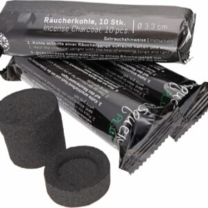 Räucherkohle 33 mm – 3 Rollen (30 Tabletten) | Selbstzündende Kohletabletten mit Räuchermulde | Gleichmäßige Glut für Harze & Kräuter | Stylische Schwarze Verpackung Lebensquelle Plus