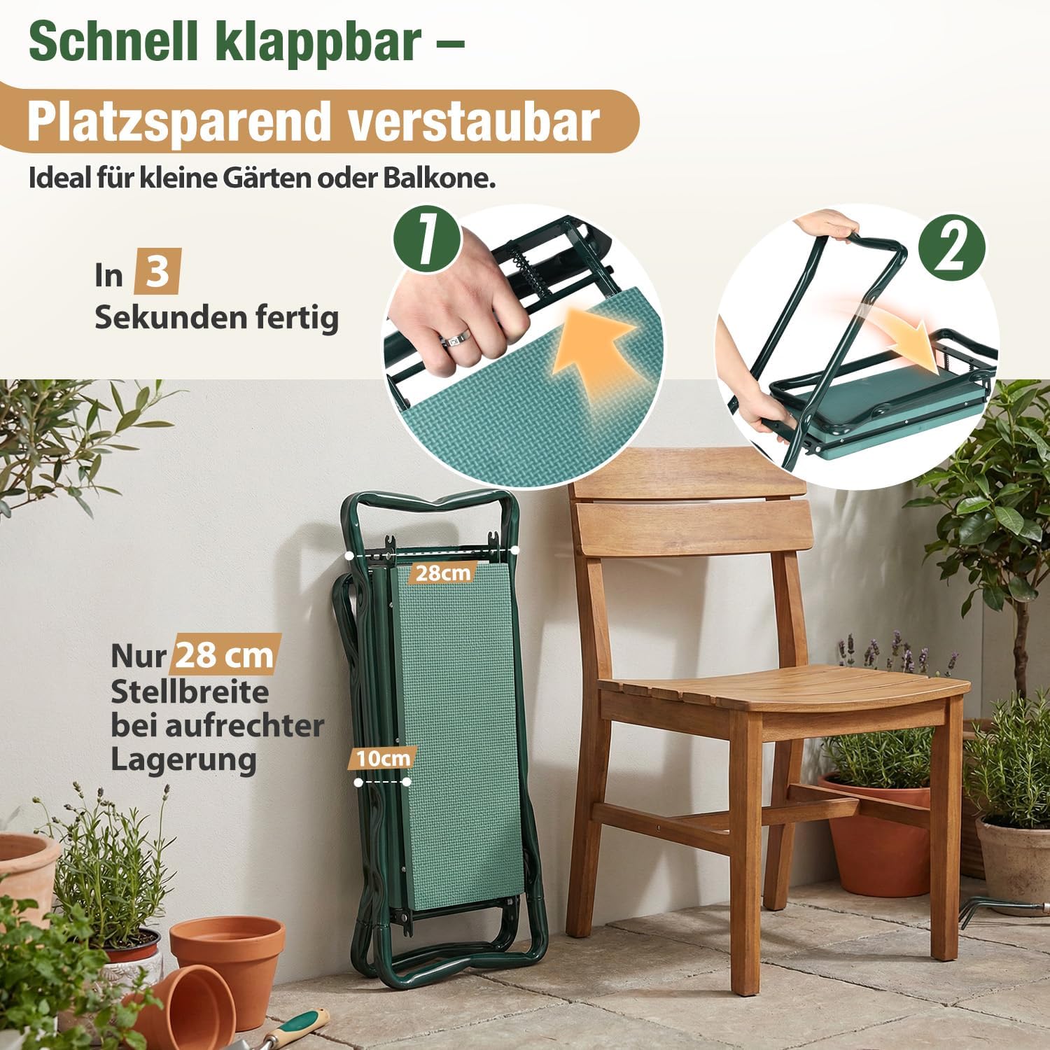 Sekey Höhenverstellbare Kniebank für Gartenarbeit Belastbarkeit 160KG, Gartenhocker Klappbar mit Werkzeugtaschen, Kniehilfe für Gartenarbeiten 60 * 50 * 28 cm, Grün (Standard) – Bild 4