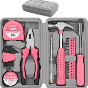 Hi-Spec 24-tlg. Kleiner Werkzeugkoffer für Frauen – Rosa-Mini-Werkzeug-Set mit Hammer und Schraubenzieher Set. Pinke Werkzeugbox ideal für WG-Zimmer und unterwegs