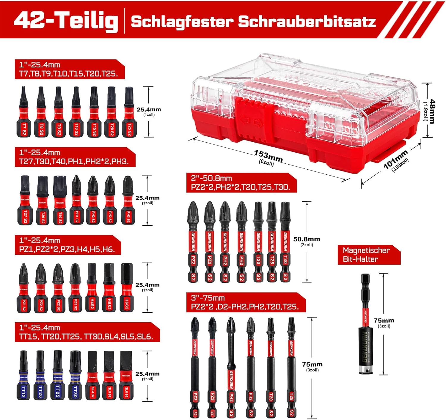 42-teiliger Schraubendreher-Bitsatz aus schlagfestem, S2-Stahl Magnetische Torx/Phillips/Pozidriv/Schlitz/Hex-Kopf Bit Set, 1/4 zoll Sechskantschaft, inkl. Bit-Halter mit Rot Aufbewahrungsbox – Bild 2