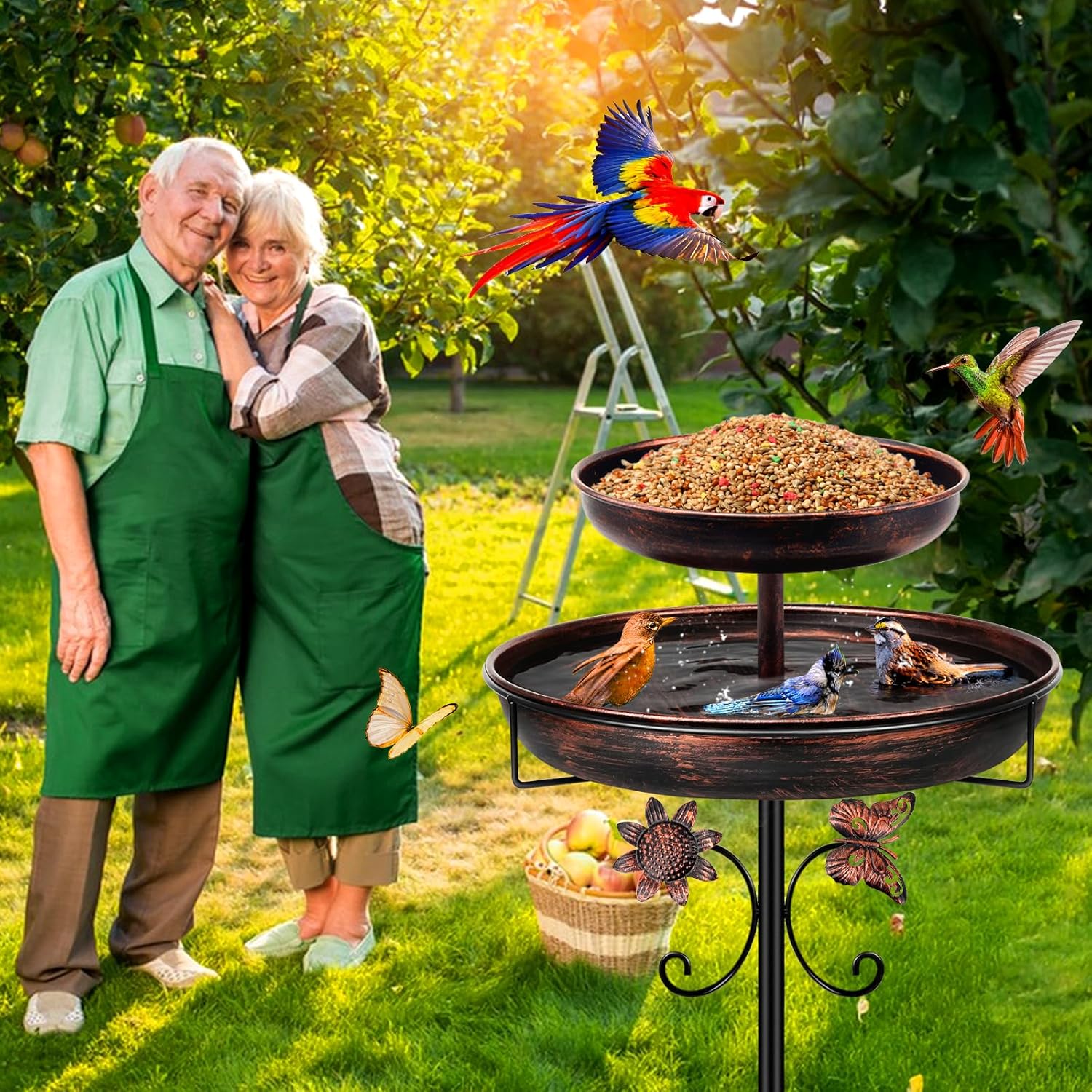 Mngren Vogeltränke Stehend,Vogelbad für Draußen Garten,2 In 1 Metall Vogelbecken Schüssel Wassertränke für Vögel, Antike Vogeltränke Winterfest Futter Wasserschale (Antike Bronze) – Bild 5