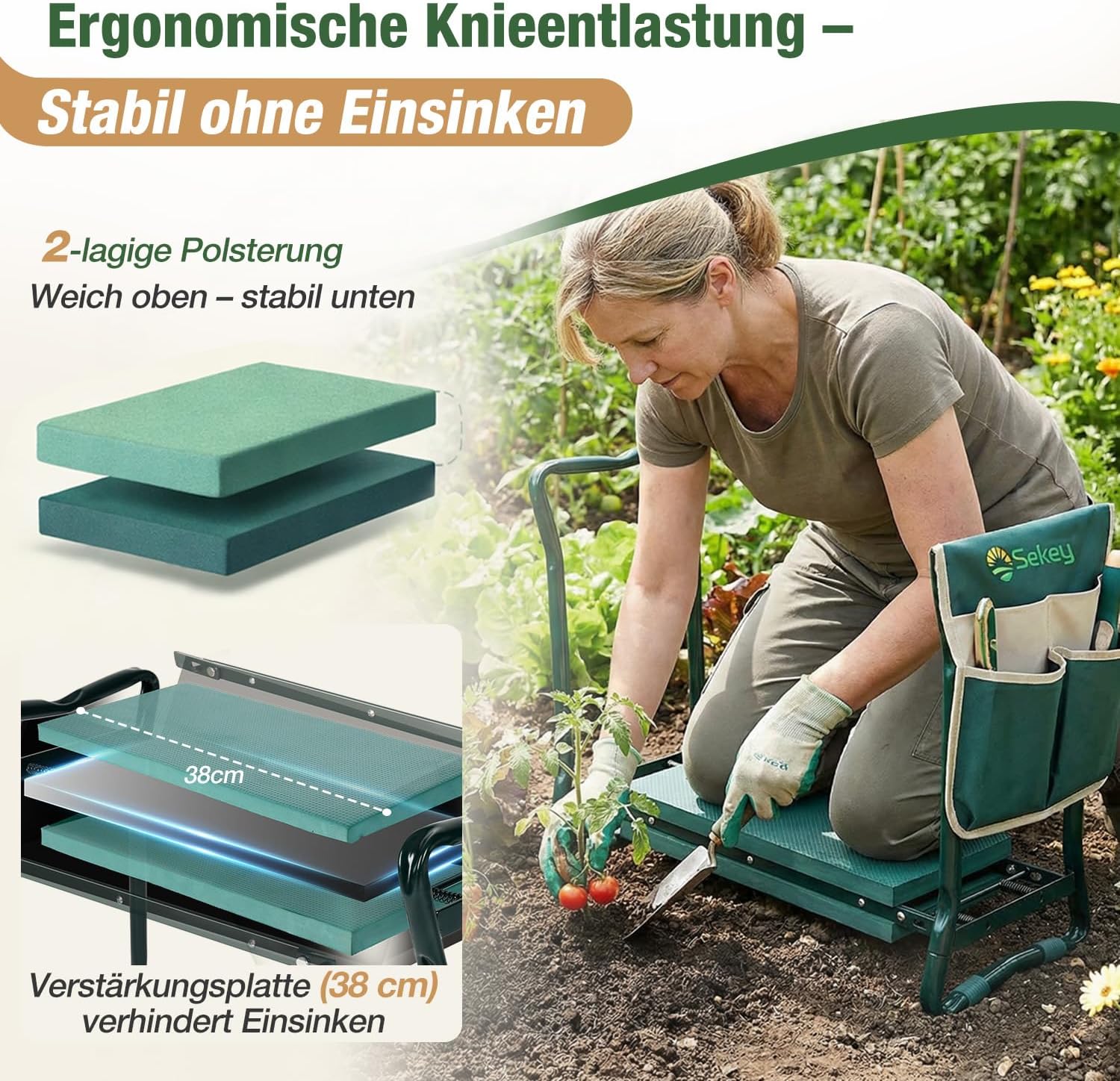 Sekey Höhenverstellbare Kniebank für Gartenarbeit Belastbarkeit 160KG, Gartenhocker Klappbar mit Werkzeugtaschen, Kniehilfe für Gartenarbeiten 60 * 50 * 28 cm, Grün (Standard) – Bild 2