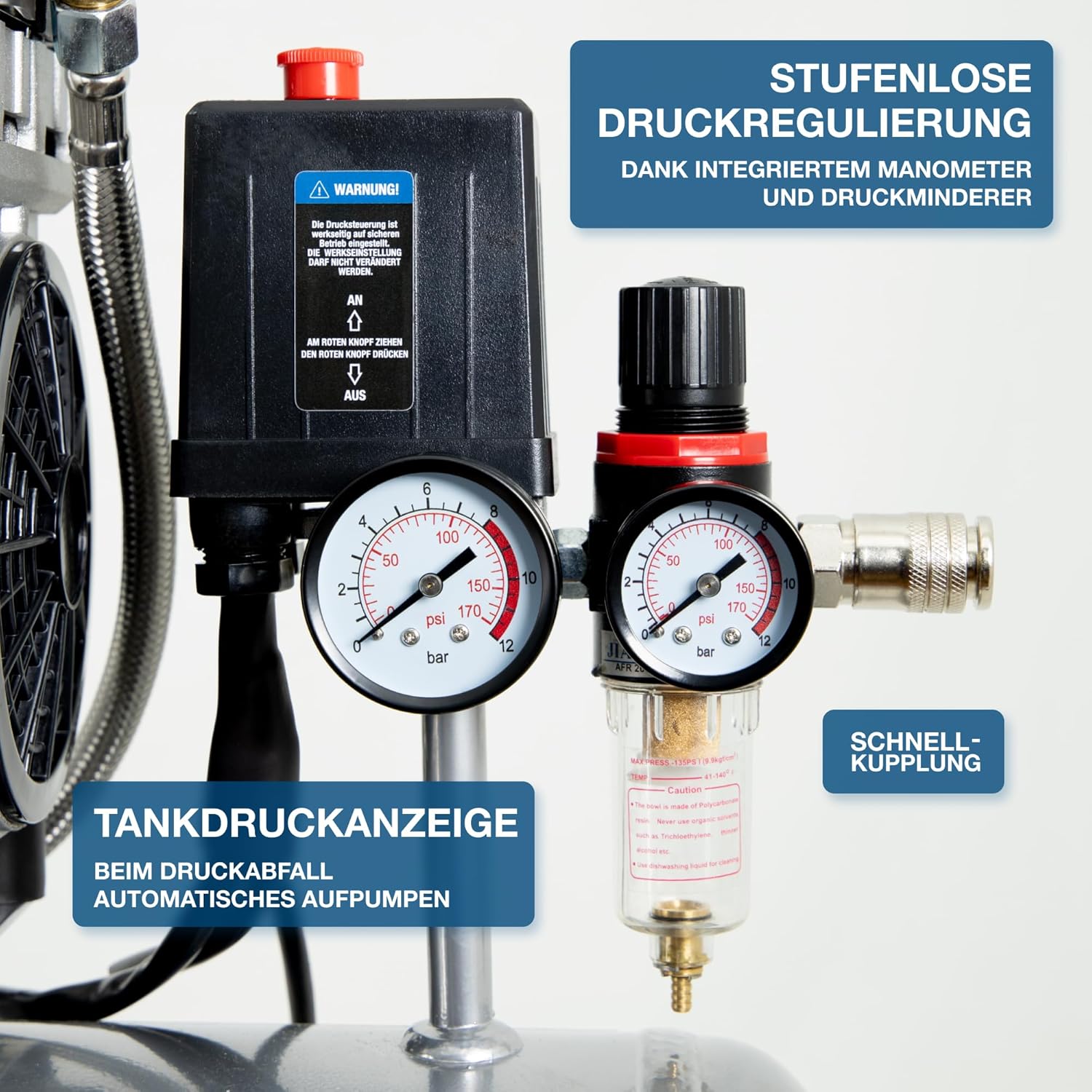 HYUNDAI Silent Kompressor SAC55752 | 24L Kessel, 8bar, ölfrei | 0.75kW / 1.0PS | Ansaugleistung 125 L/Min | Öl-Wasserabscheider | 59dB Luftkompressor leise, Flüster-Kompressor – Bild 5