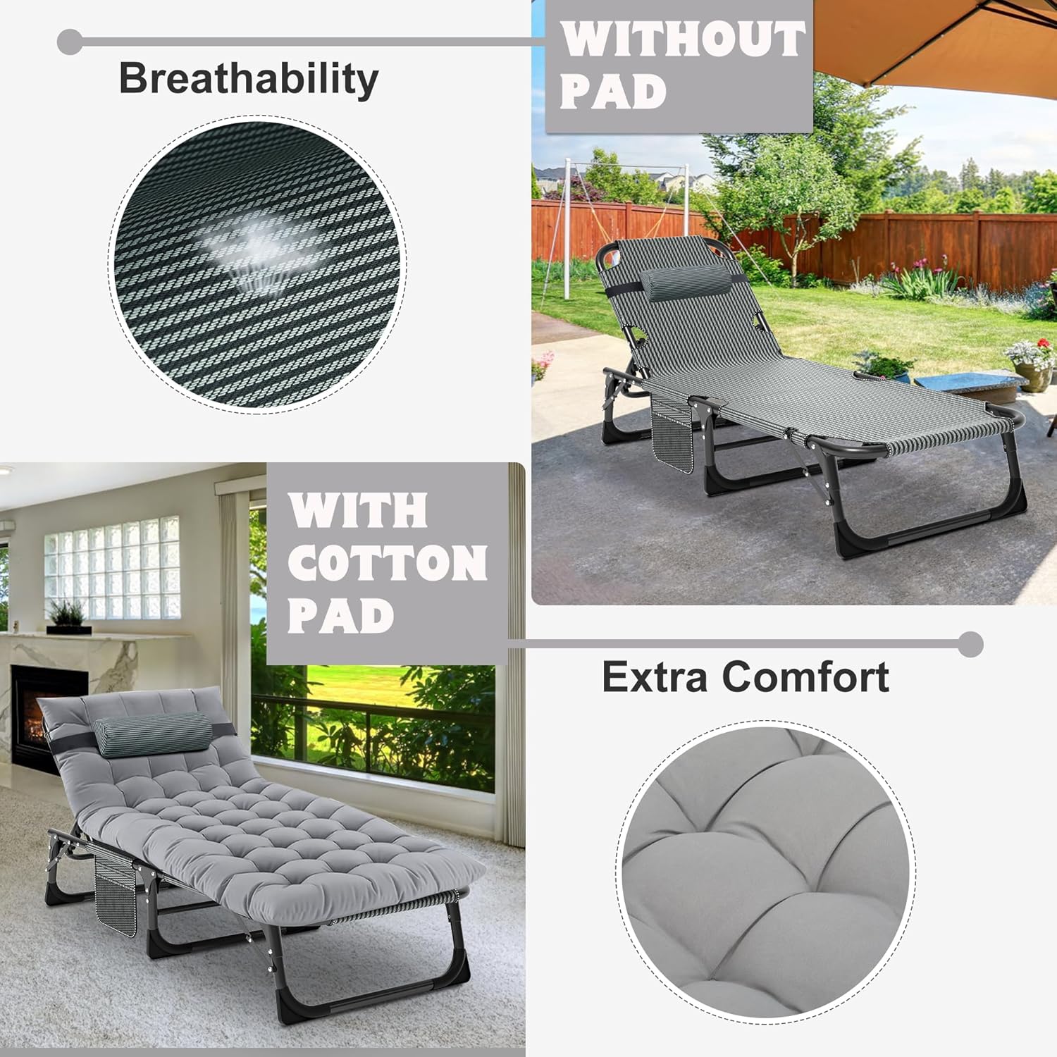 MOPHOTO Sonnenliege, Faltbare Sonnenliege für den Garten mit Matratze, verstellbare Rücken- und Beinauflagen, tragbar, für drinnen und draußen, zusammenklappbar(Grünes Kinderbett, Graue Matte) – Bild 5