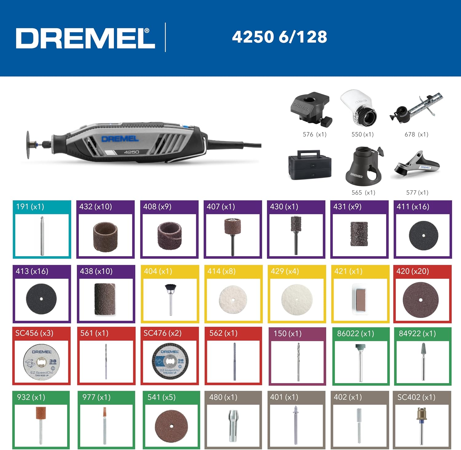 Dremel 4250 Multitool 175W, variable Drehzahl 5.000-35.000 U-min, Multitool-Kit mit 6 Aufsätzen, 1 Dremel BOX, 128 Zubehörteile zum Schneiden, Gravieren, Schleifen, Schärfen, Bohren, Fräsen – Bild 3