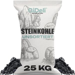 Steinkohle 25kg - Kohle Fuer ofen und Kaminofen - Unsortierte Anthrazitkohle 5–50 mm – Hoher Heizwert 24–26 MJ/kg – Big Bag Heizkohle zum Heizen