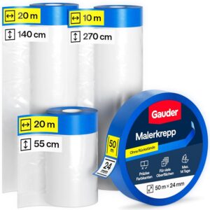 GAUDER 50 Meter Abdeckfolien-Set mit Klebeband (55 + 140 + 270 cm) und Malerkrepp (24 mm x 50 m) - 66 m² Malerfolie mit Klebeband - Set Malerband Abklebefolie perfekt für Fenster, Türen und Schalter