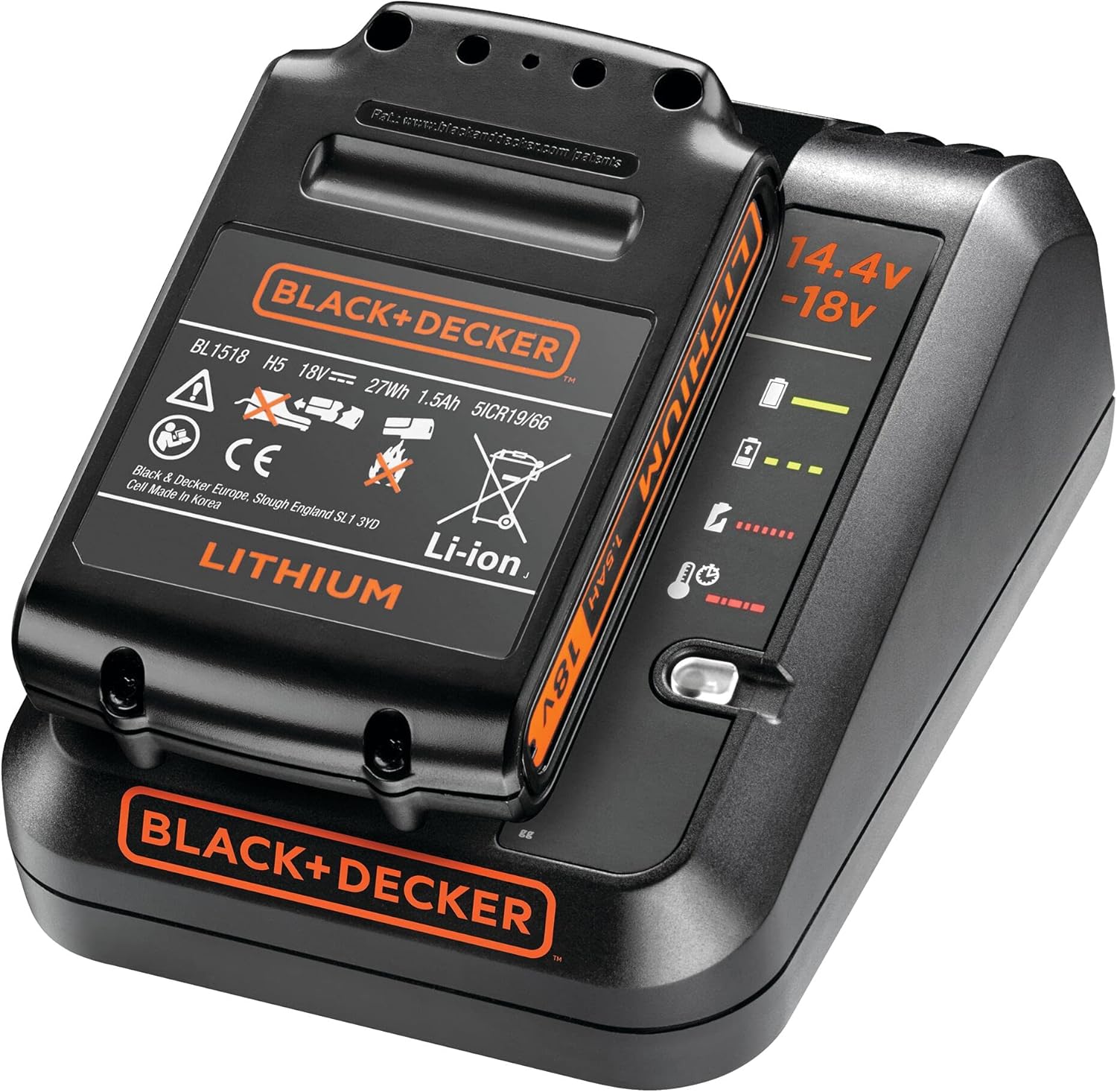 BLACK+DECKER 18V Multivolt-Schnell-Ladegerät (einsetzbar für alle BLACK+DECKER 14,4 Volt und 18 Volt Li-Ionen-Akkus, 1 Ampere Ladestrom, mit Ladezustandsanzeige) BDC1A-QW – Bild 5