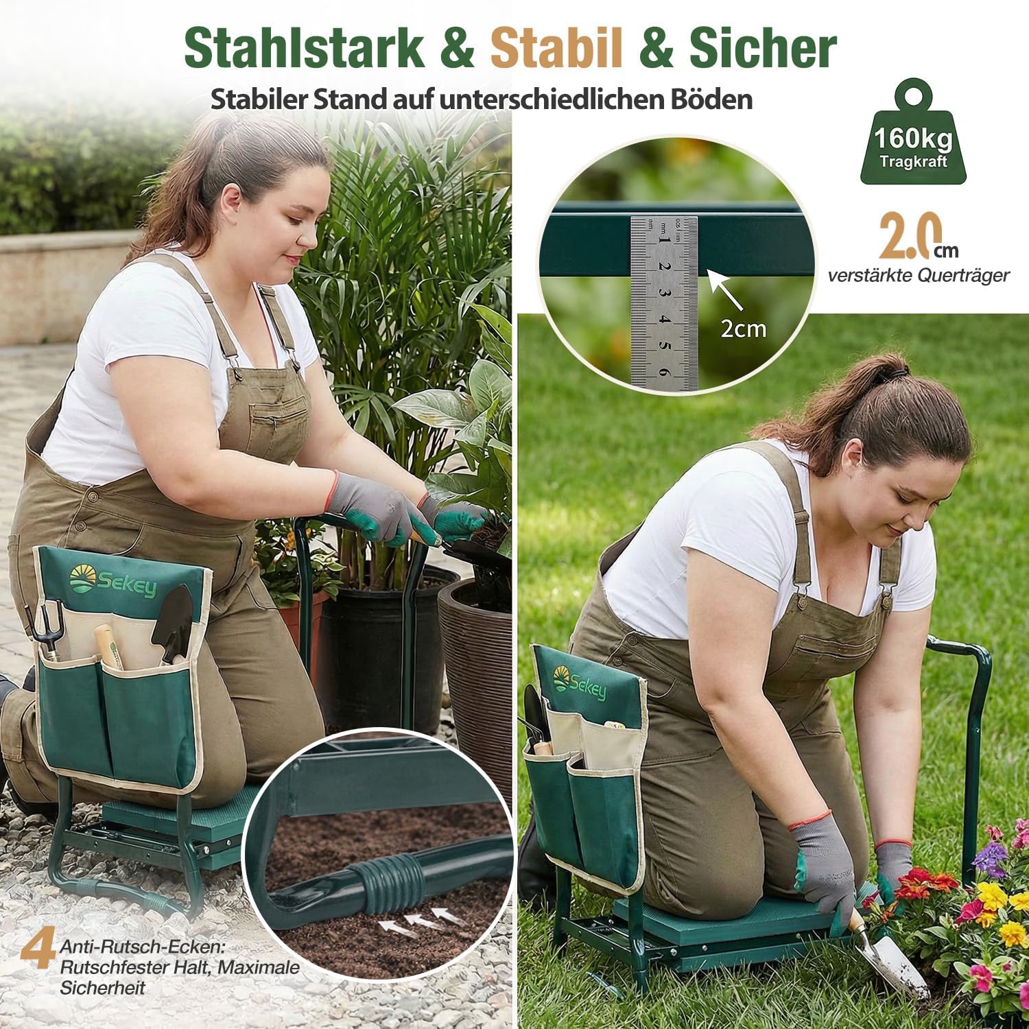 Sekey Höhenverstellbare Kniebank für Gartenarbeit Belastbarkeit 160KG, Gartenhocker Klappbar mit Werkzeugtaschen, Kniehilfe für Gartenarbeiten 60 * 50 * 28 cm, Grün (Standard) – Bild 3